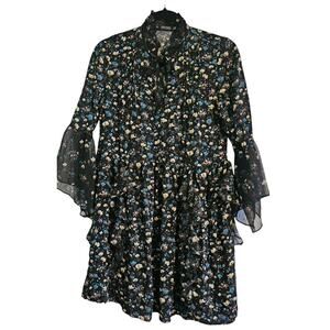 Zara Basic Black Dress XS Flowy Flounce Sleeves Black Floral Ruffles Whimsy Goth